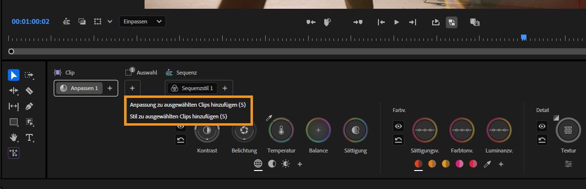 Menü mit Optionen zum Hinzufügen von Korrekturen oder Stilen zu ausgewählten Clips im Farbwerkzeuge-Bedienfeld.