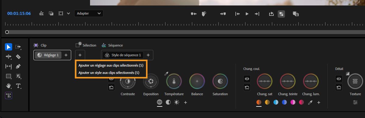 Menu affichant les options permettant d'ajouter un réglage ou un style aux clips sélectionnés dans le panneau Outils colorimétriques.