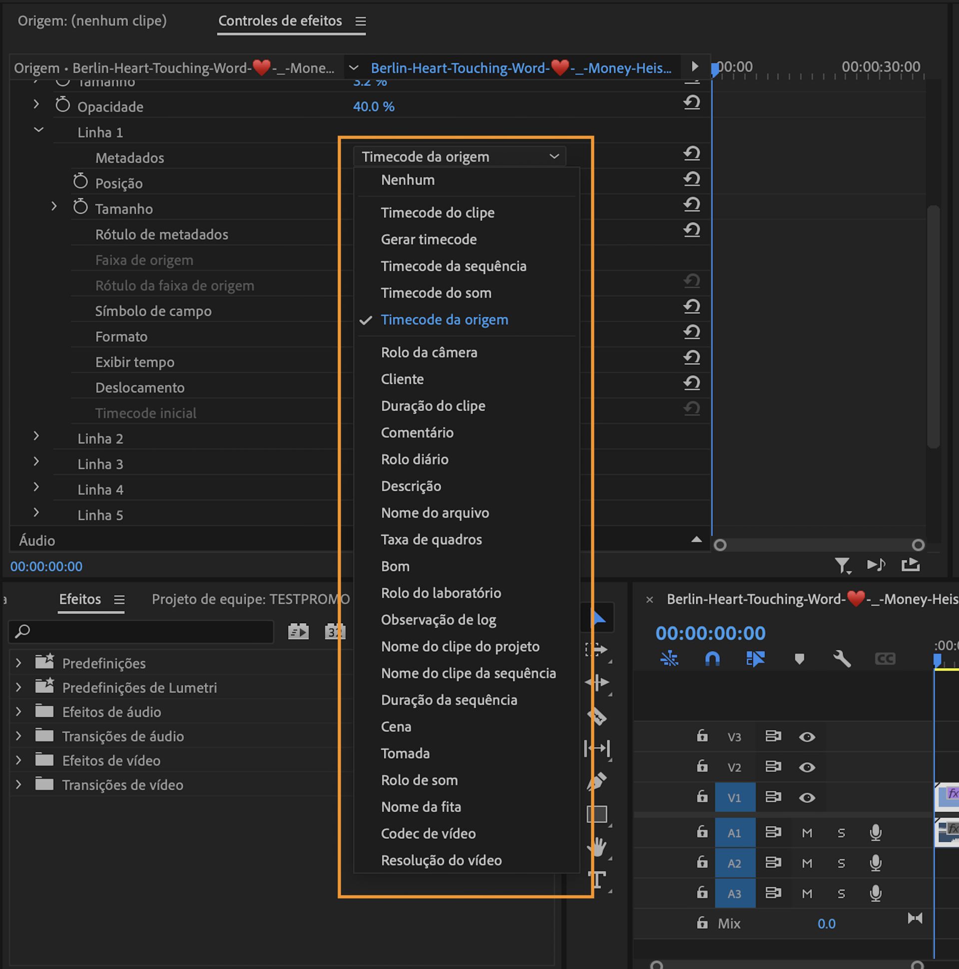 A interface mostra o painel Controles de efeitos com diferentes metadados de clipe realçados.