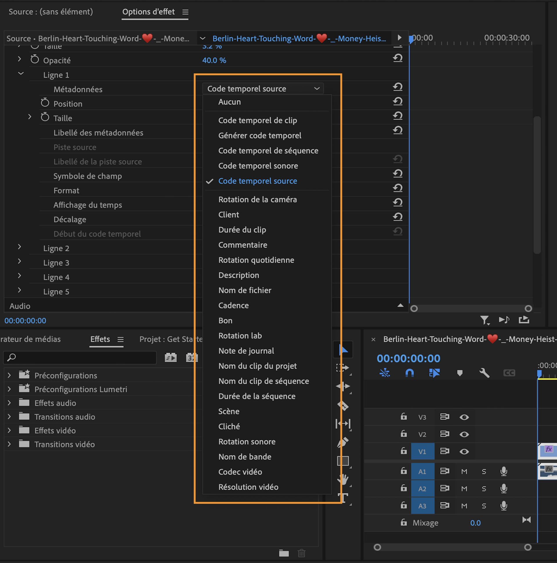 L’interface utilisateur affiche le panneau Options d’effet avec différentes métadonnées de clip mises en surbrillance.