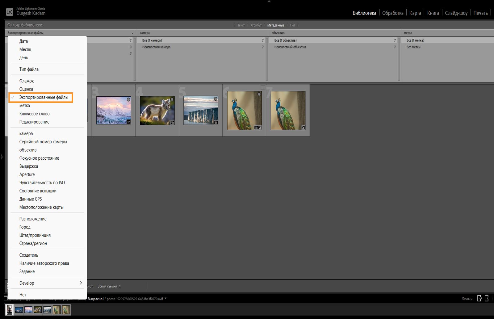 Местоположение фильтра метаданных экспортированных файлов