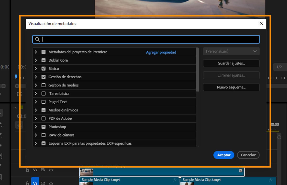 Cuadro de diálogo Visualización de metadatos con casillas de verificación para esquemas de metadatos como Dublin Core, Básico y Rights Management.