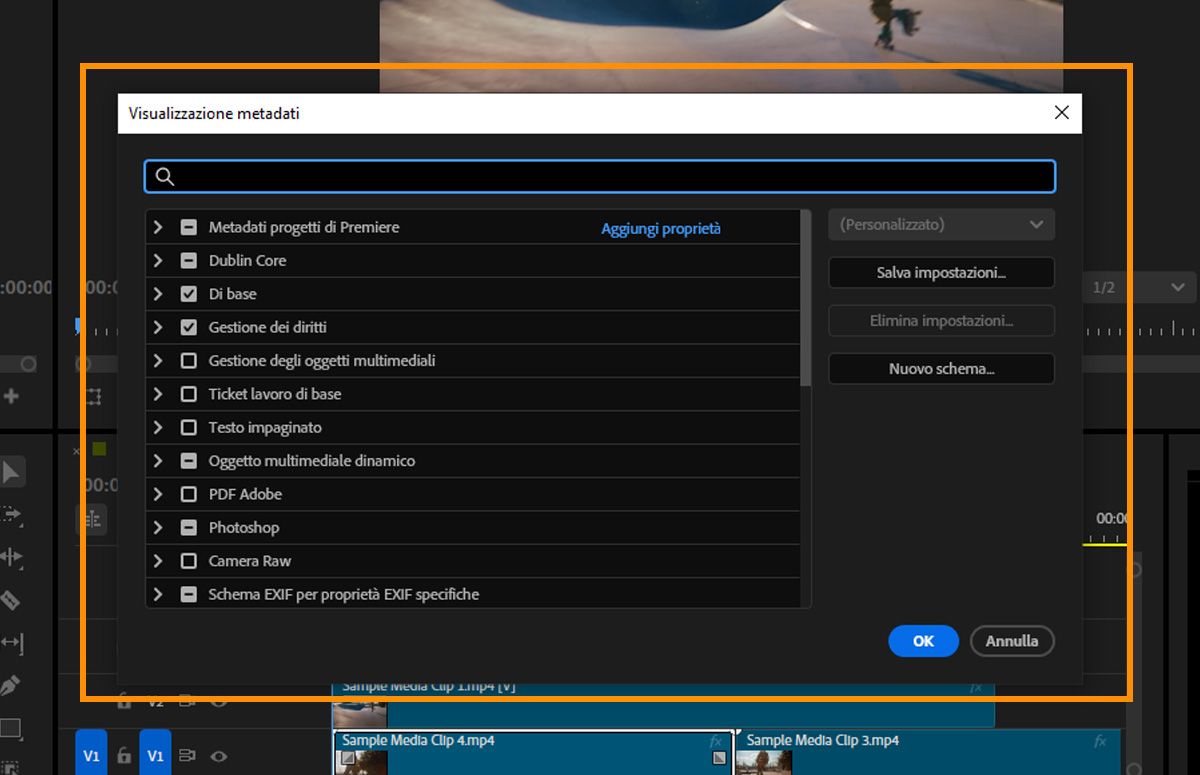 Finestra di dialogo Visualizzazione metadati con caselle di controllo per schemi di metadati quali Dublin Core, Basic e Rights Management.