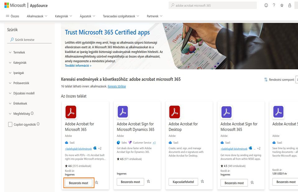 A Microsoft AppSource megjeleníti az Adobe Acrobat kifejezés keresési eredményeit. A „Beszerzés most” gomb ki van emelve az Adobe Acrobat for Microsoft 365 alkalmazás esetén.