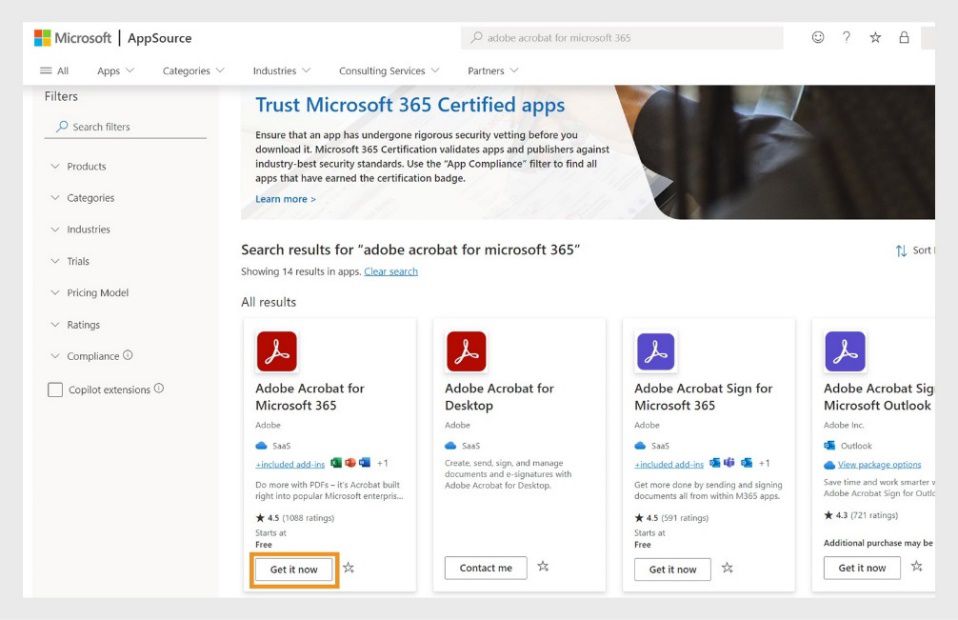 Microsoft AppSource מציג את תוצאות החיפוש עבור Adobe Acrobat. הלחצן 'קבל אותו עכשיו’ עבור Adobe Acrobat for Microsoft 365 מסומן.
