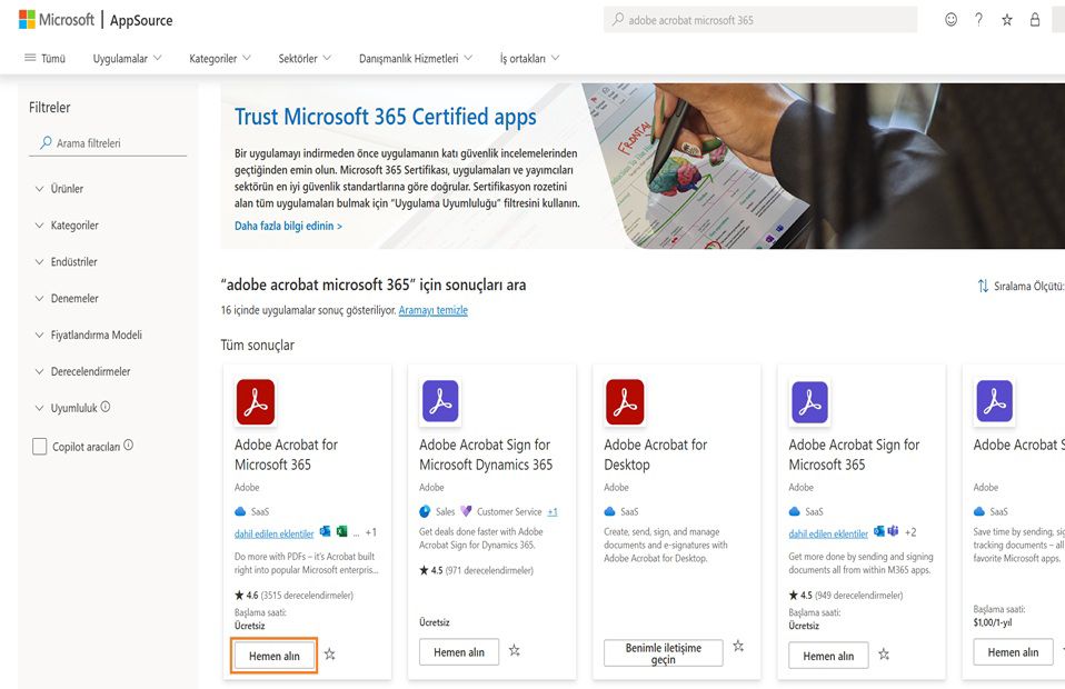 Microsoft AppSource, Adobe Acrobat arama sonuçlarını gösterir. Microsoft 365 için Adobe Acrobat'ın 'Hemen edinin' düğmesi vurgulanır.
