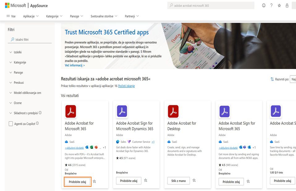 Microsoft AppSource prikaže rezultate iskanja za Adobe Acrobat. Gumb »Prenesi zdaj« za Adobe Acrobat za Microsoft 365 je označen.