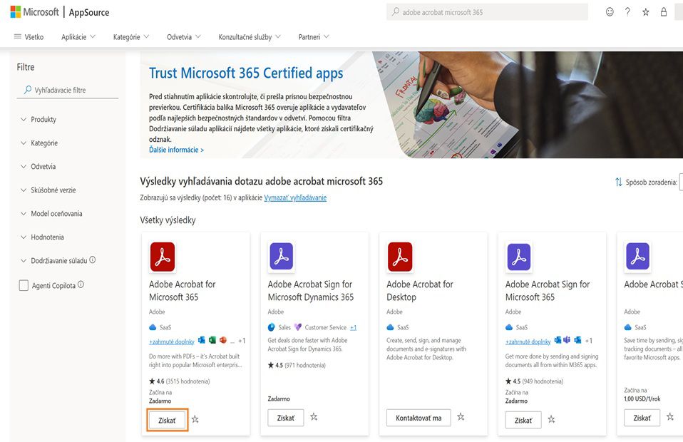 Microsoft AppSource zobrazuje výsledky vyhľadávania pre aplikáciu Adobe Acrobat. Zvýraznené je tlačidlo „Získať teraz“ pre Adobe Acrobat pre Microsoft 365