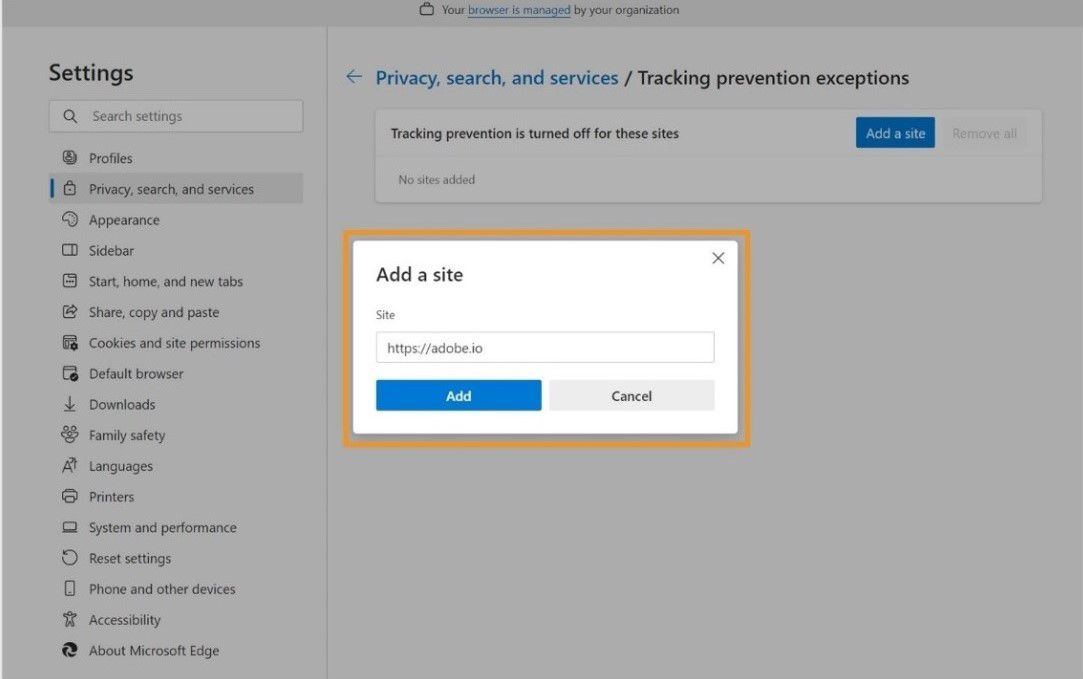 דף ההגדרות של Microsoft Edge מציג את תיבת הדו-שיח 'הוסף אתר’ כדי למנוע מעקב.
