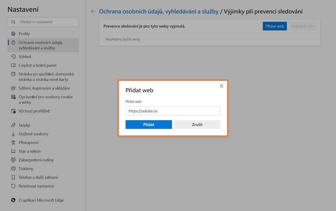 Na stránce nastavení prohlížeče Microsoft Edge se zobrazí dialogové okno „Přidat server“ pro zabránění sledování.