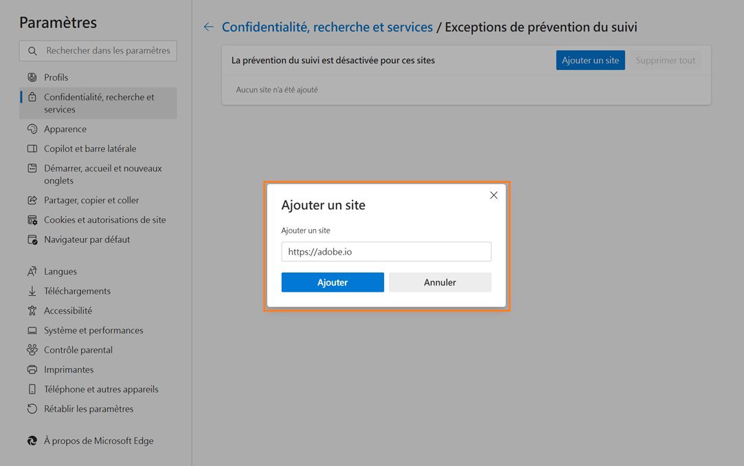 La page Paramètres de Microsoft Edge affiche la boîte de dialogue « Ajouter un site » pour empêcher le suivi.