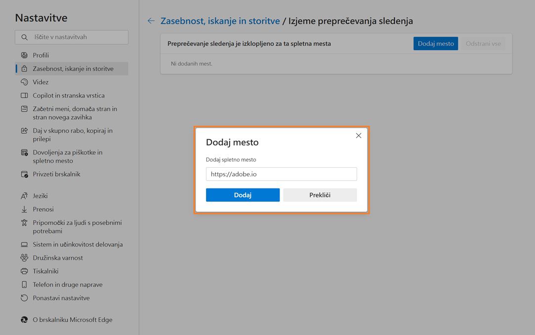 Na strani z nastavitvami brskalnika Microsoft Edge je prikazano pogovorno okno »Dodaj spletno mesto« za preprečevanje sledenja.