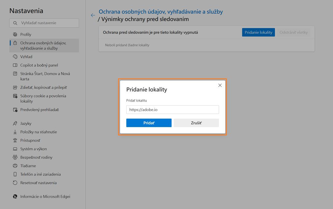 Na stránke nastavení prehliadača Microsoft Edge sa zobrazuje dialógové okno „Pridať lokalitu“ na zabránenie sledovaniu.