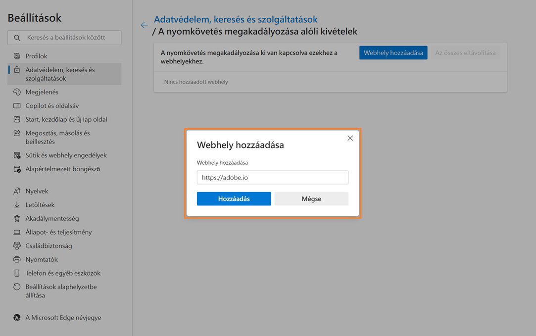 A nyomkövetés megakadályozásához használatos „Webhely hozzáadása” párbeszédpanel a Microsoft Edge Beállítások oldalán.