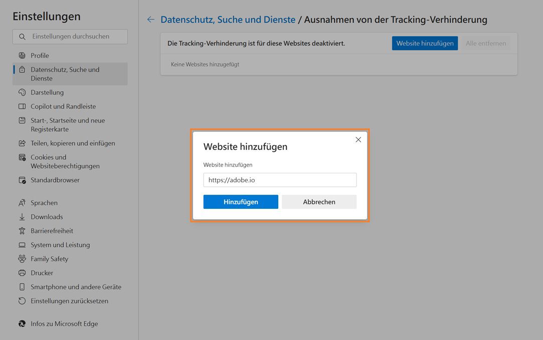 Auf der Microsoft Edge-Einstellungsseite wird das Dialogfeld „Website hinzufügen“ zum Verhindern von Tracking angezeigt.