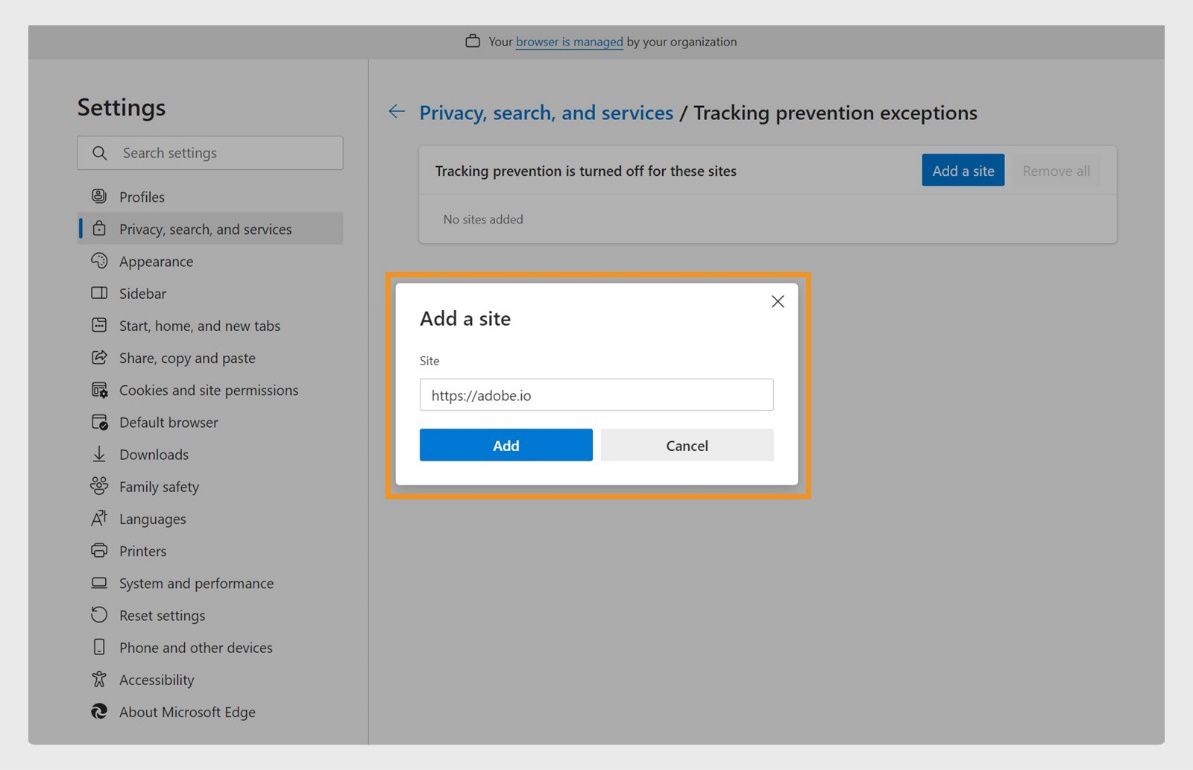 Nagpapakita ang page ng mga setting ng Microsoft Edge ng 'Add a site' dialog box para sa pagpigil sa tracking.