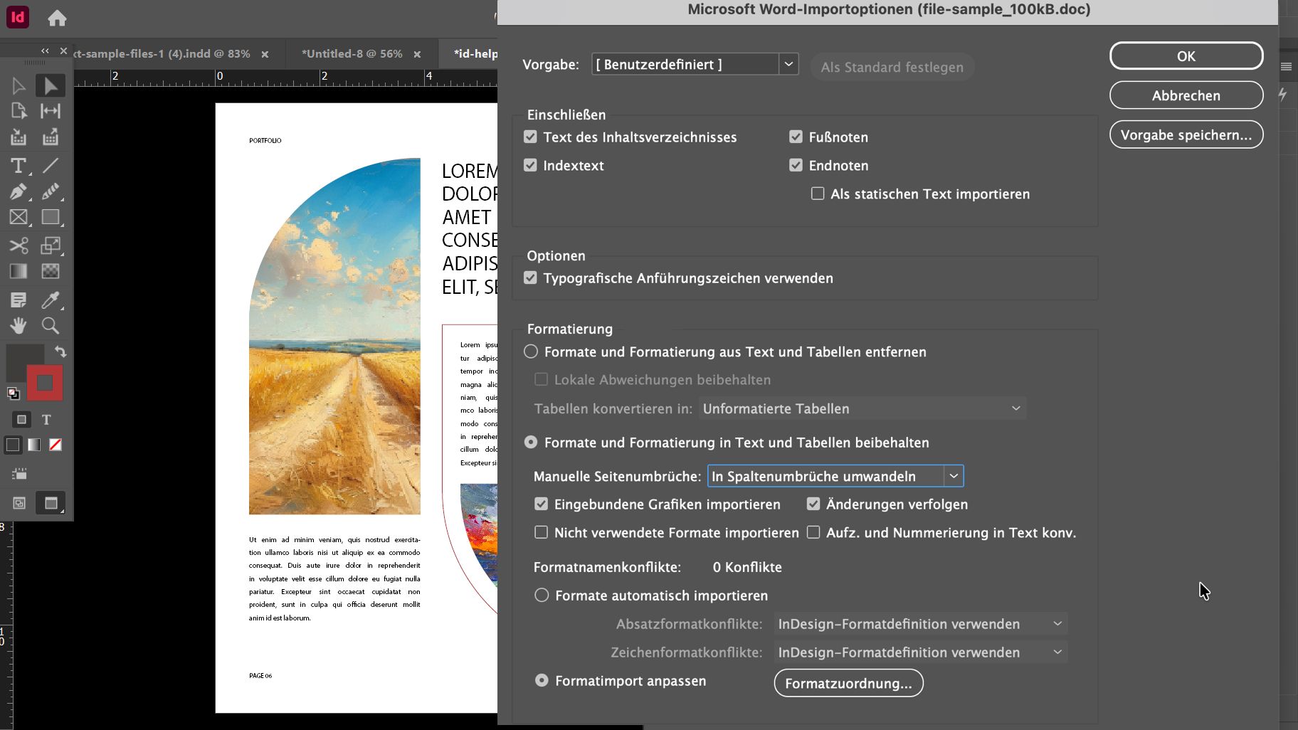 Dialogfeld für Microsoft Word-Importoptionen in Adobe InDesign mit verschiedenen Einstellungen wie Vorgabe, Optionen, Formatierung und Stilnamenkonflikte usw. 