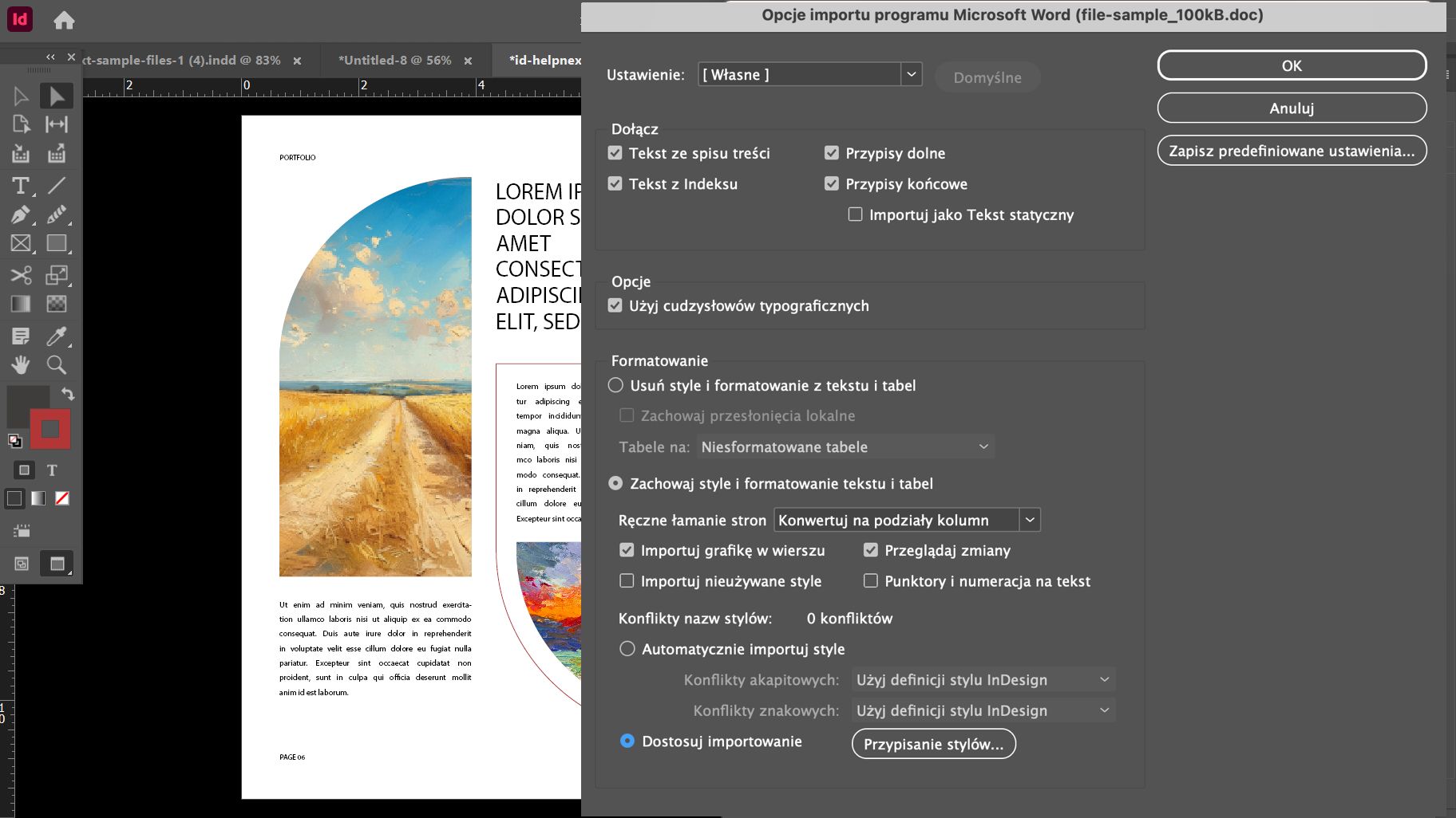Okno dialogowe Opcje importu Microsoft Word w Adobe InDesign wyświetlające różne ustawienia, takie jak Ustawienie wstępne, Opcje, Formatowanie i Konflikty nazw stylów itp.