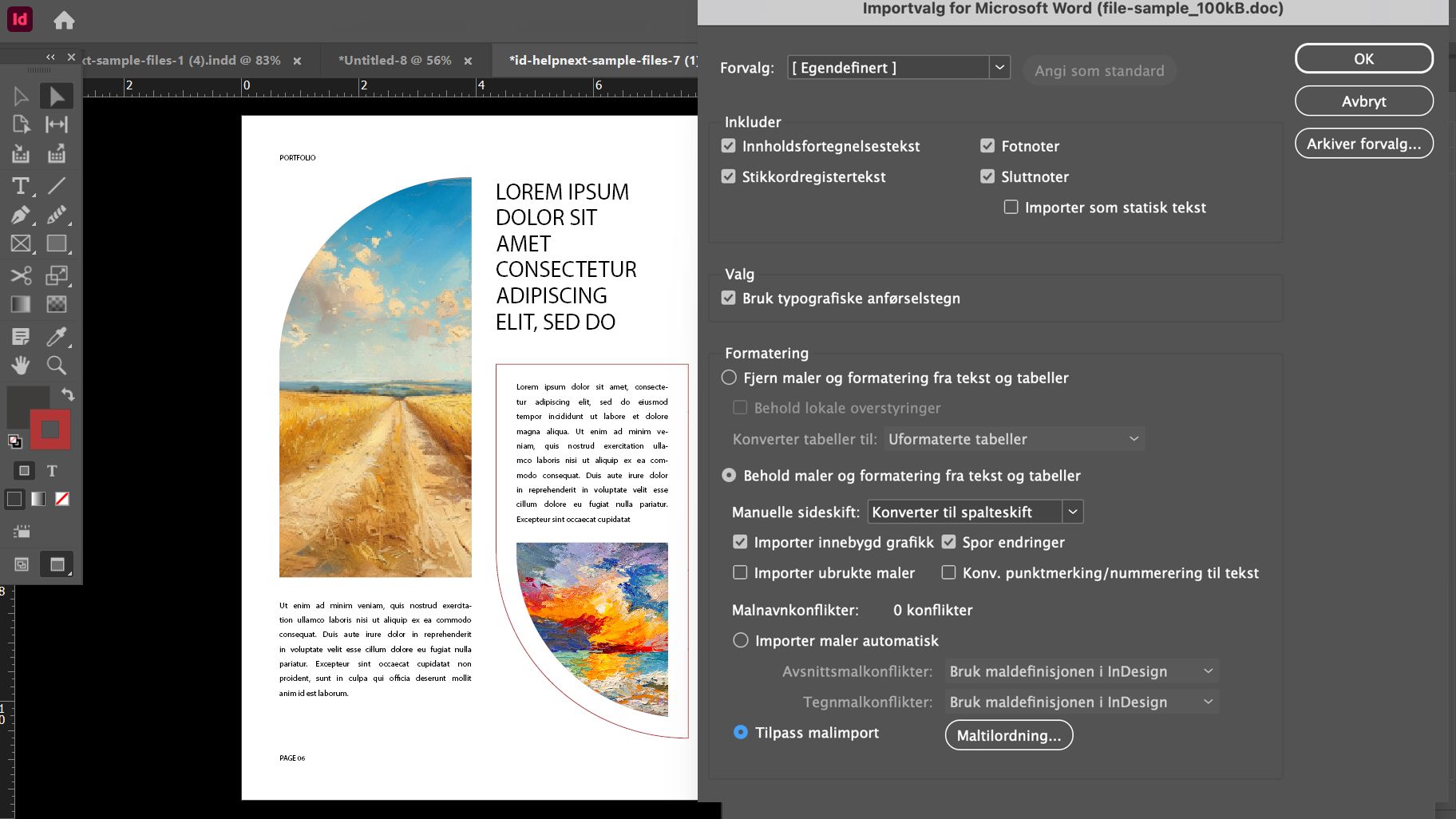 Dialogboksen Microsoft Word-importalternativer i Adobe InDesign som viser ulike innstillinger som forhåndsinnstilling, alternativer, formatering og stilnavnkonflikter, osv.