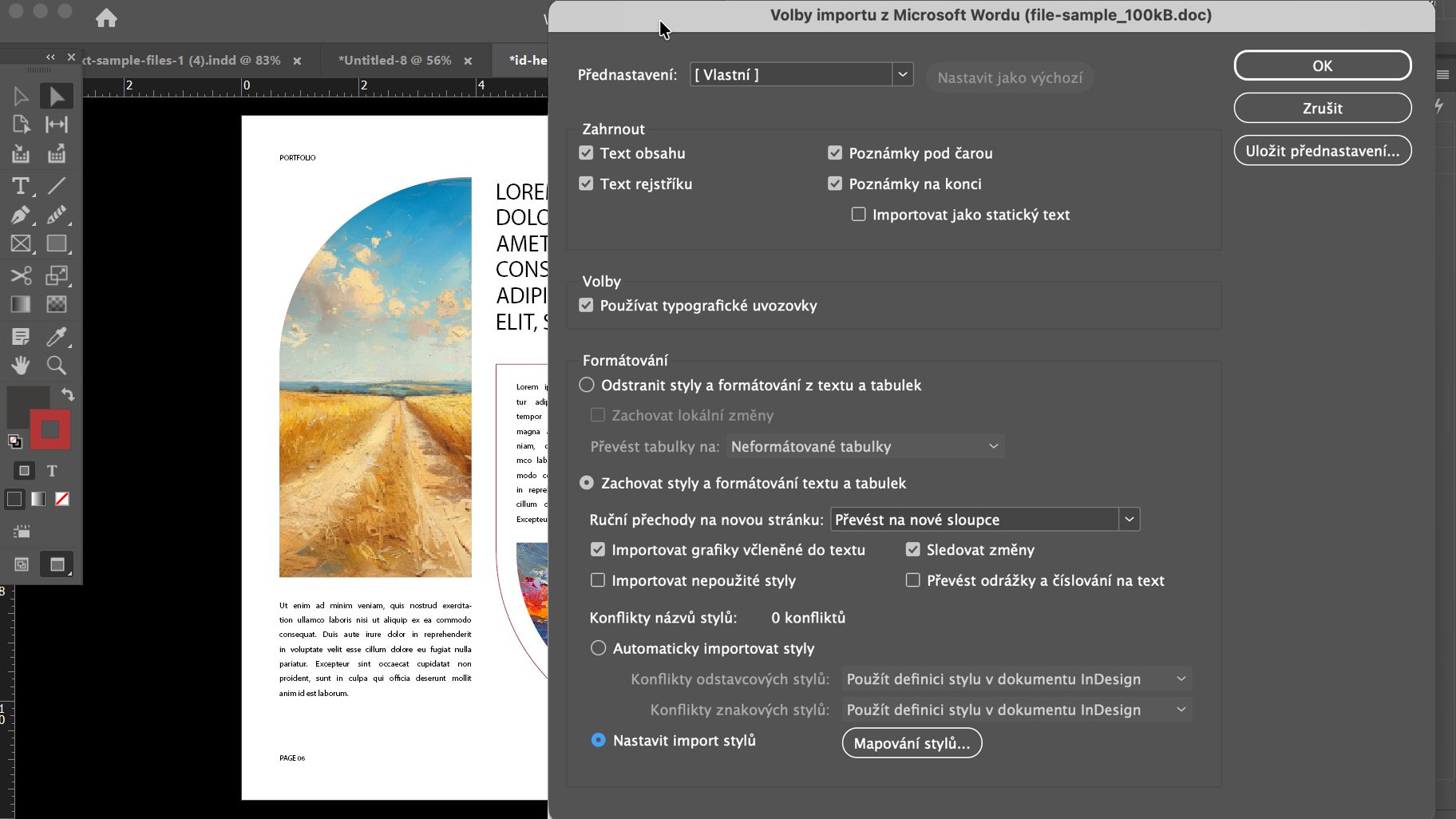 Dialog Možnosti importu Microsoft Wordu v Adobe InDesign zobrazující různá nastavení, jako jsou Předvolby, Možnosti, Formátování a Konflikty názvů stylů atd.