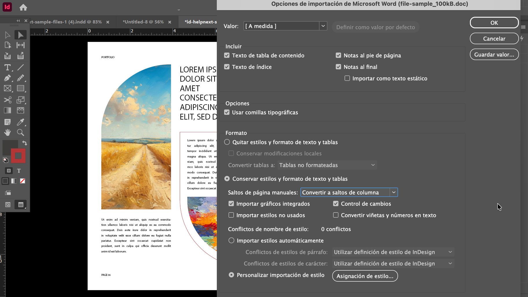 Cuadro de diálogo Opciones de importación de Microsoft Word en Adobe InDesign mostrando varias configuraciones como Ajuste preestablecido, Opciones, Formato y Conflictos de nombre de estilo, etc.