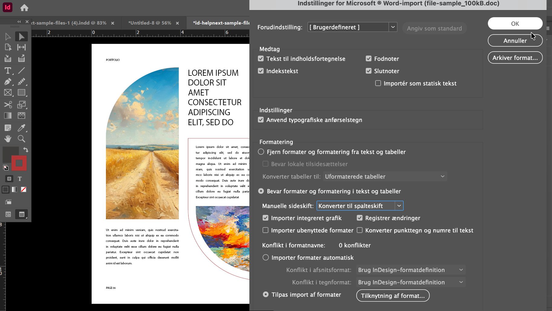 Microsoft Word-importindstillinger-dialog i Adobe InDesign, der viser forskellige indstillinger såsom forudindstilling, indstillinger, formatering og typografinavn-konflikter osv. 