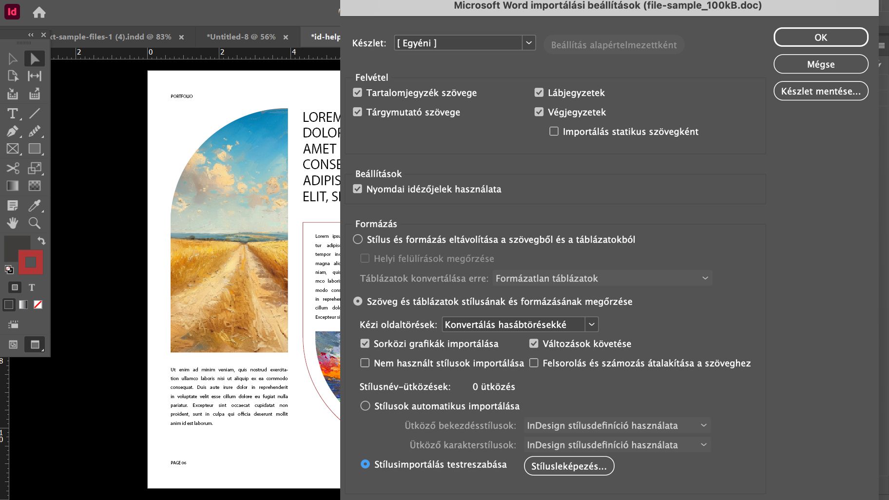 Microsoft Word importálási beállítások párbeszédpanel az Adobe InDesignban, amely különböző beállításokat mutat, mint például az Előbeállítás, Beállítások, Formázás és Stílusnév-ütközések stb. 