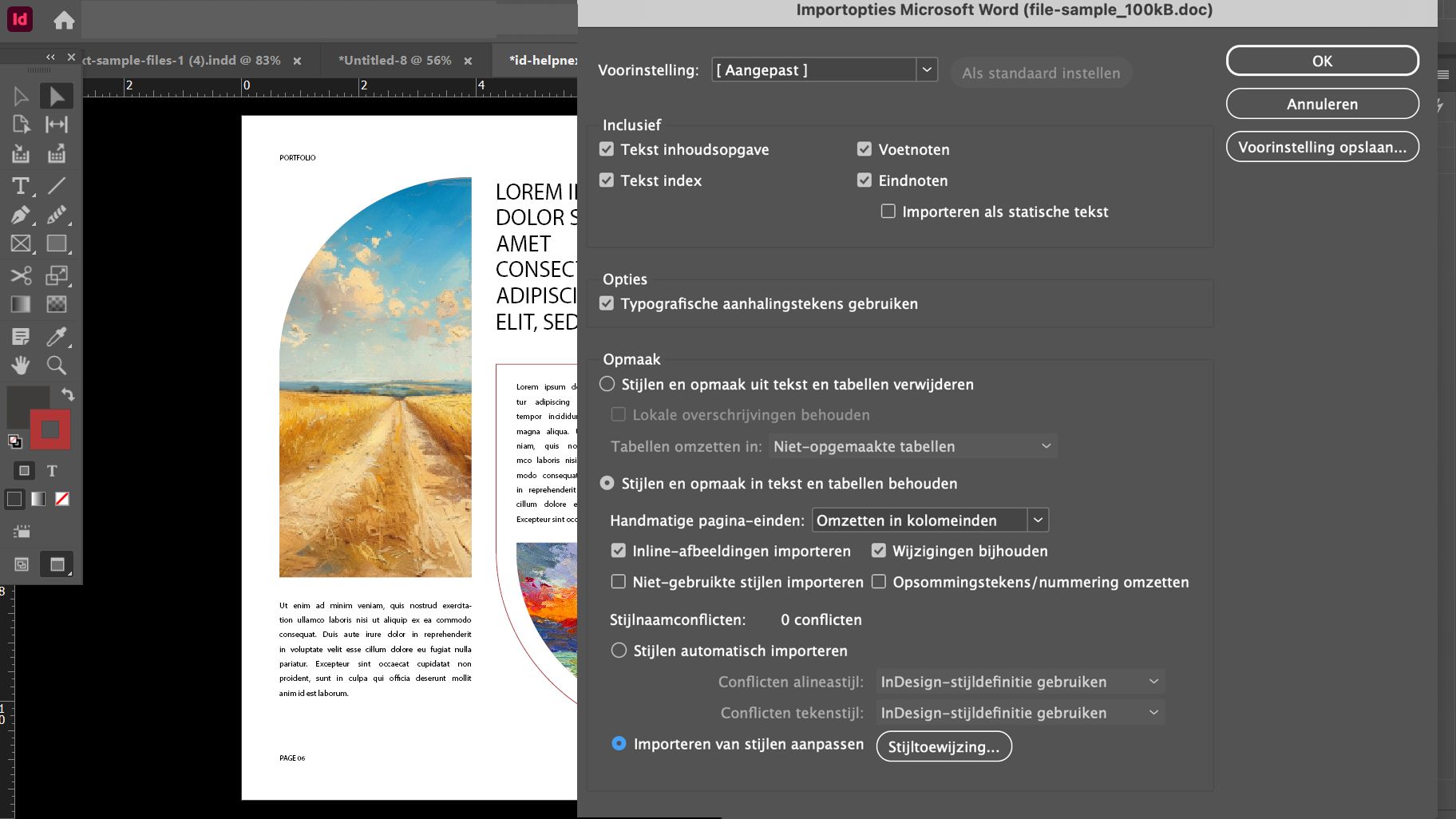 Het dialoogvenster Microsoft Word Import-opties in Adobe InDesign met verschillende instellingen zoals voorinstelling, opties, opmaak en conflicten bij stijlnamen, enz.