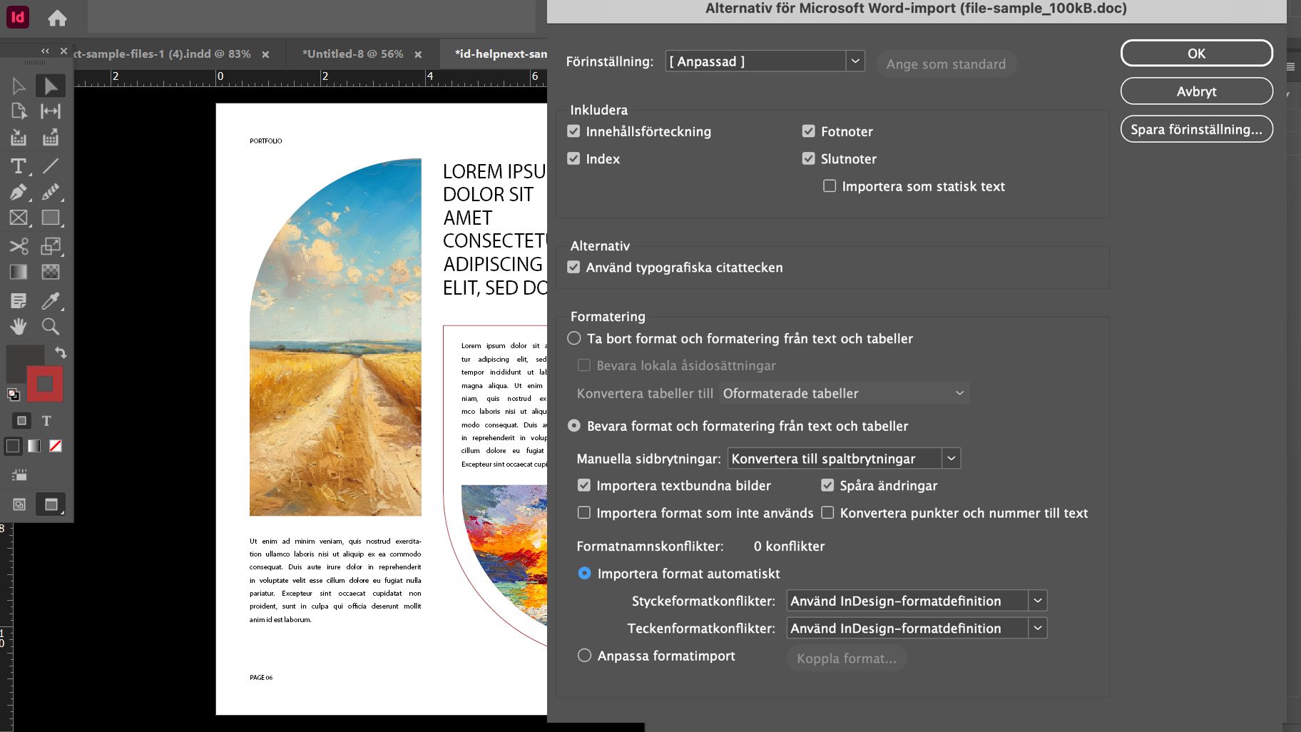 Dialogrutan Importalternativ för Microsoft Word i Adobe InDesign som visar olika inställningar som förinställning, alternativ, formatering och formatnamnskonflikter, och så vidare.