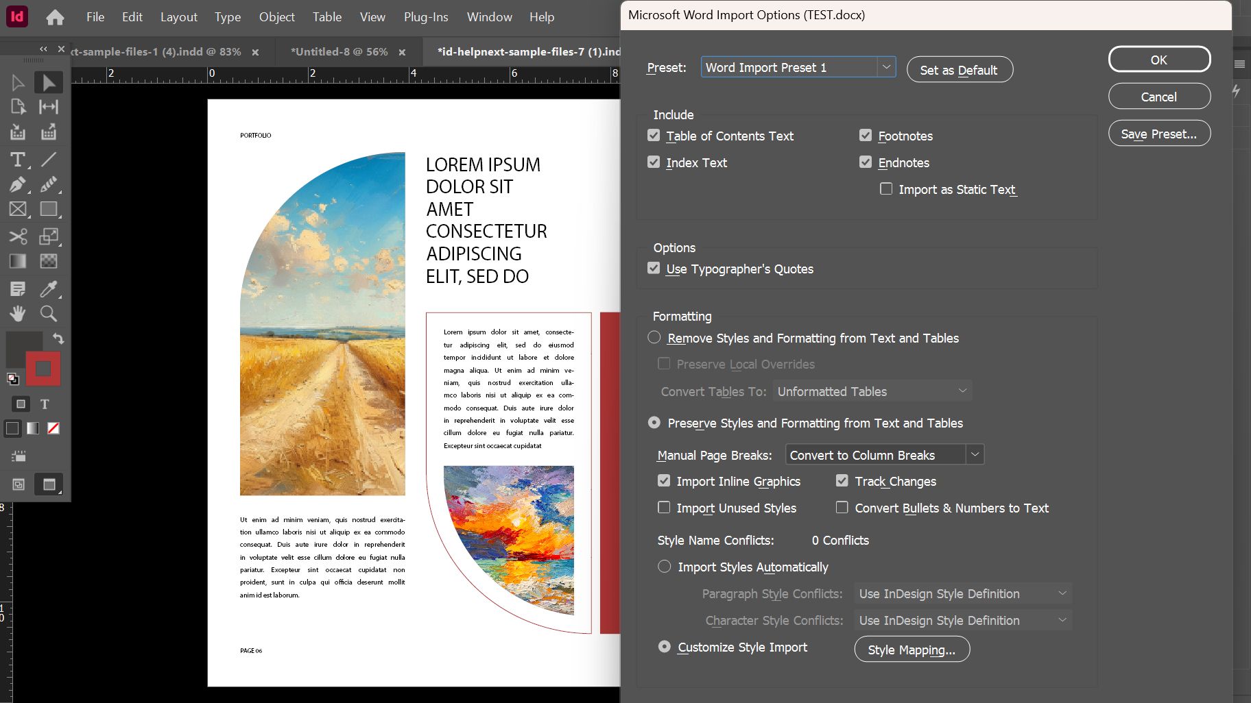 مربع حوار خيارات استيراد Microsoft Word في Adobe InDesign يُظهر إعدادات متنوعة مثل الإعداد المسبق والخيارات والتنسيق وتعارضات أسماء الأنماط وغيرها.