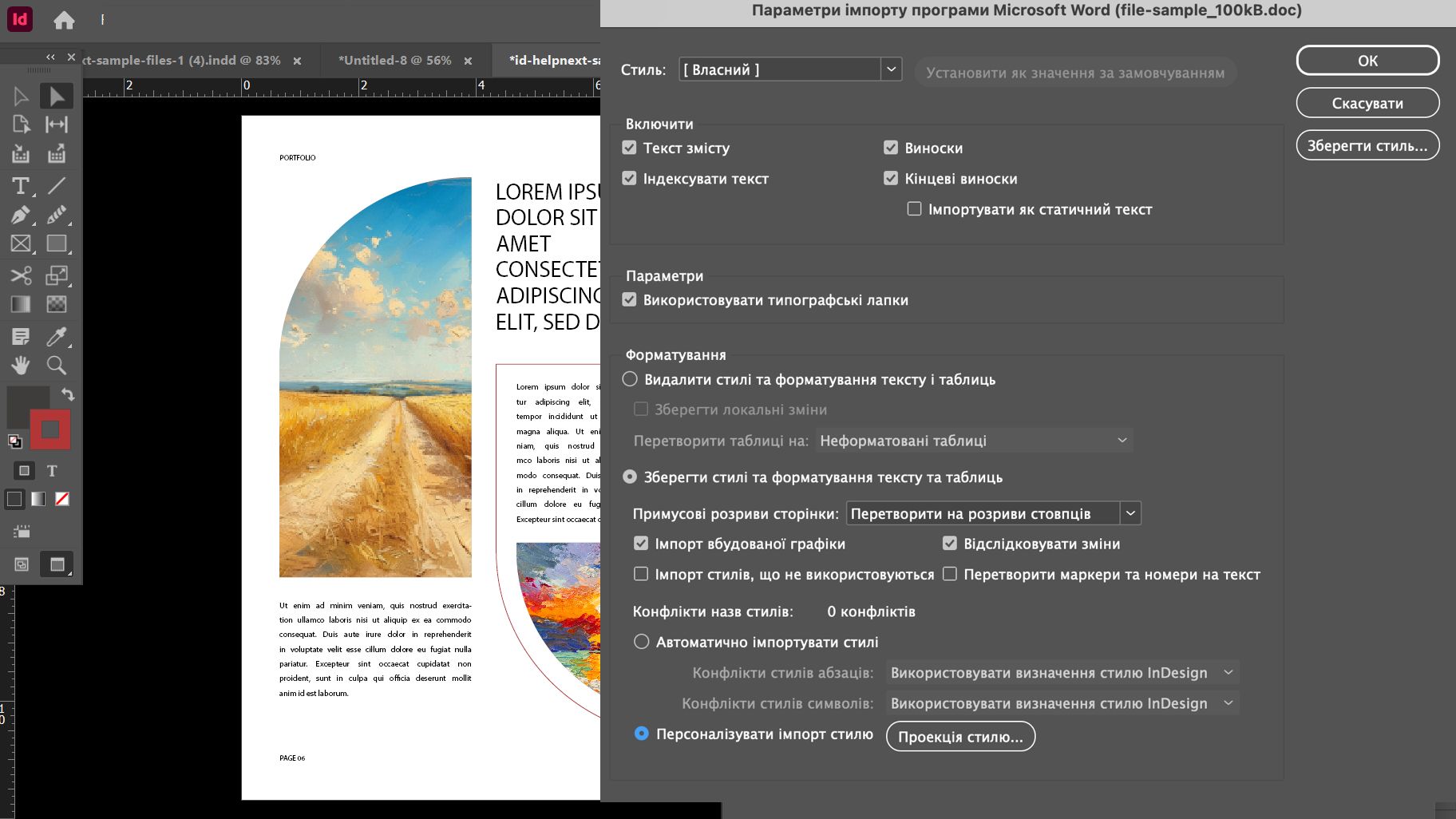 Діалогове вікно «Параметри імпорту Microsoft Word» в Adobe InDesign із різними параметрами, такими як «Набір налаштувань», «Параметри», «Форматування» та «Конфлікти назв стилів» тощо.