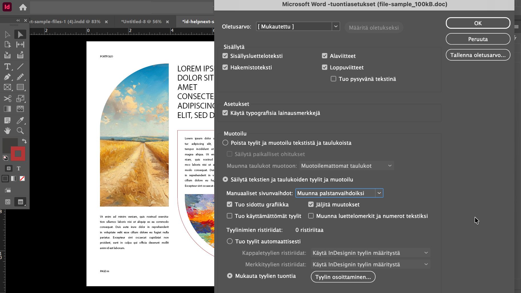 Adobe InDesignin Microsoft Wordin tuontiasetukset -valintaikkuna, jossa näkyy erilaisia asetuksia, kuten Esimääritys, Asetukset, Muotoilu ja Tyylinimiristiriidat. 