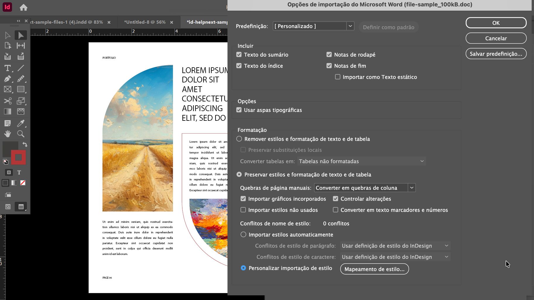 Caixa de diálogo Opções de importação do Microsoft Word no Adobe InDesign mostrando várias configurações, como Predefinição, Opções, Formatação, Conflitos de nomes de estilo etc. 
