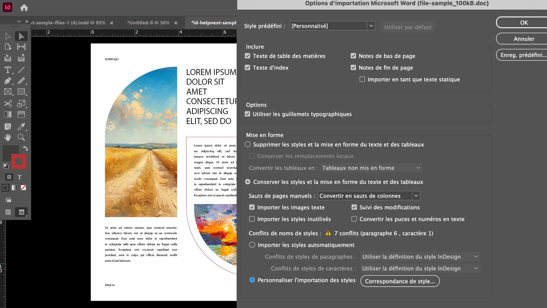 Boîte de dialogue Options d’importation Microsoft Word dans Adobe InDesign affichant différents paramètres tels que Paramètre prédéfini, Options, Formatage et Conflits de noms de styles, etc. 