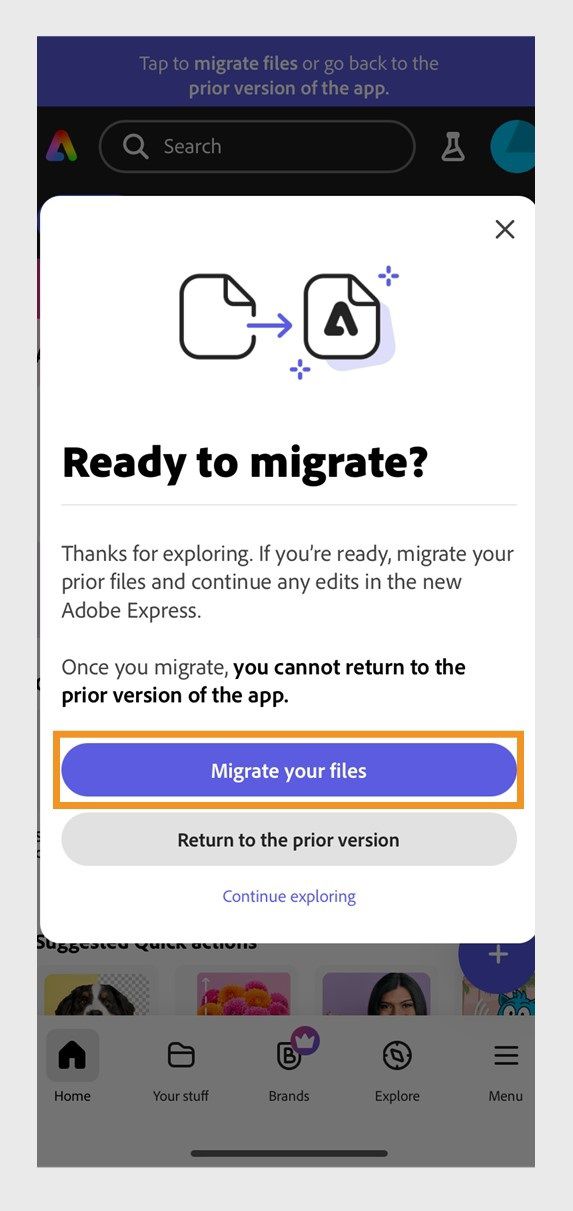 La finestra Migra i file si apre nell'app mobile Adobe Express e offre la possibilità di migrare tutti i file alla nuova versione o di tornare alla versione precedente dell'app.