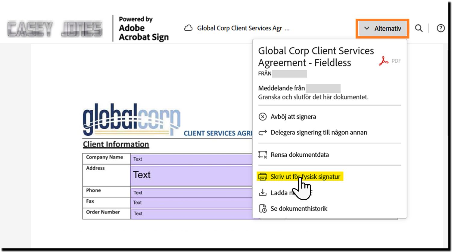 E-signeringssidan med menyn Alternativ expanderad och alternativet Skriv ut, signera och ladda upp markerat.