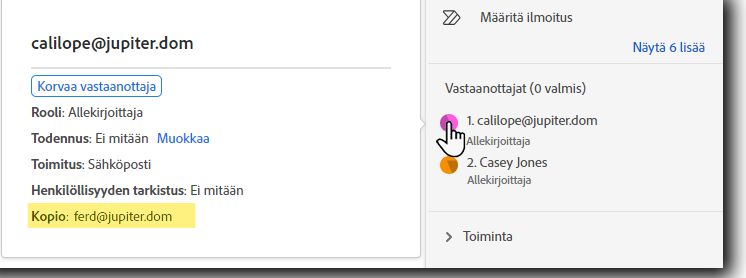 Hallinta-sivu, jossa on laajennettuna vastaanottajaluettelo ja kopion saajat korostettuna.