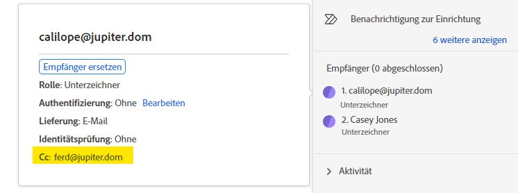 Seite „Verwalten“ mit erweiterter Empfangsliste und hervorgehobener CC-Partei.