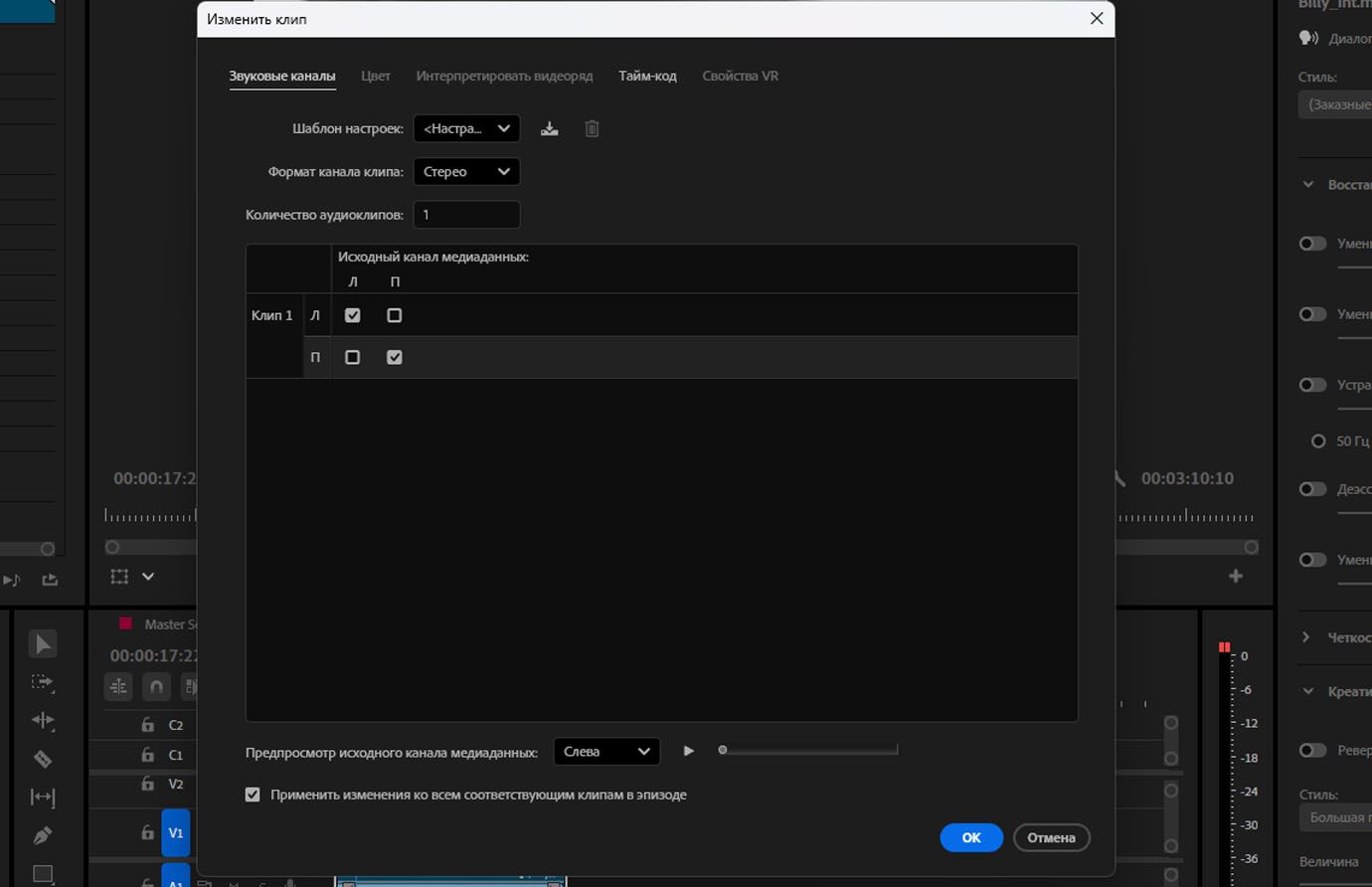 Диалоговое окно «Изменить клип» в Premiere Pro, в котором отображаются параметры сопоставления аудиоканалов с левым и правым исходными каналами, назначенными одному стереоклипу.