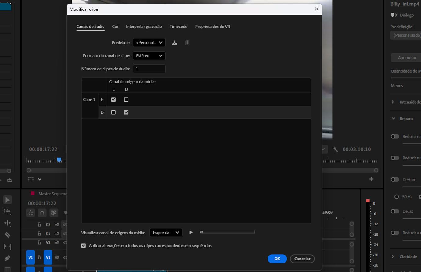Caixa de diálogo “Modificar clipe” no Premiere Pro, mostrando as opções de mapeamento de canais de áudio com canais de origem esquerdo e direito atribuídos a um clipe em estéreo.