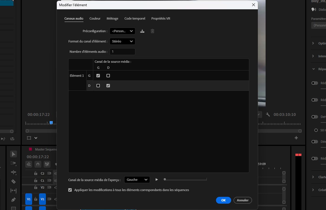 Boîte de dialogue Modifier le clip dans Premiere Pro montrant les options de mappage des canaux audio avec les canaux source gauche et droit attribués à un seul clip stéréo.