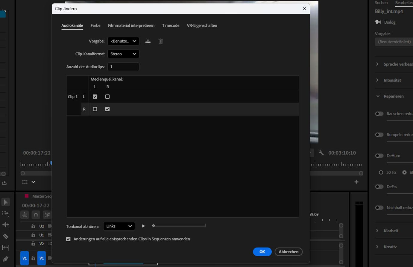 Das Dialogfeld „Clip ändern“ in Premiere Pro mit Optionen für die Audiokanalzuordnung, wobei der linke und der rechte Quellkanal einem einzelnen Stereo-Clip zugewiesen sind.