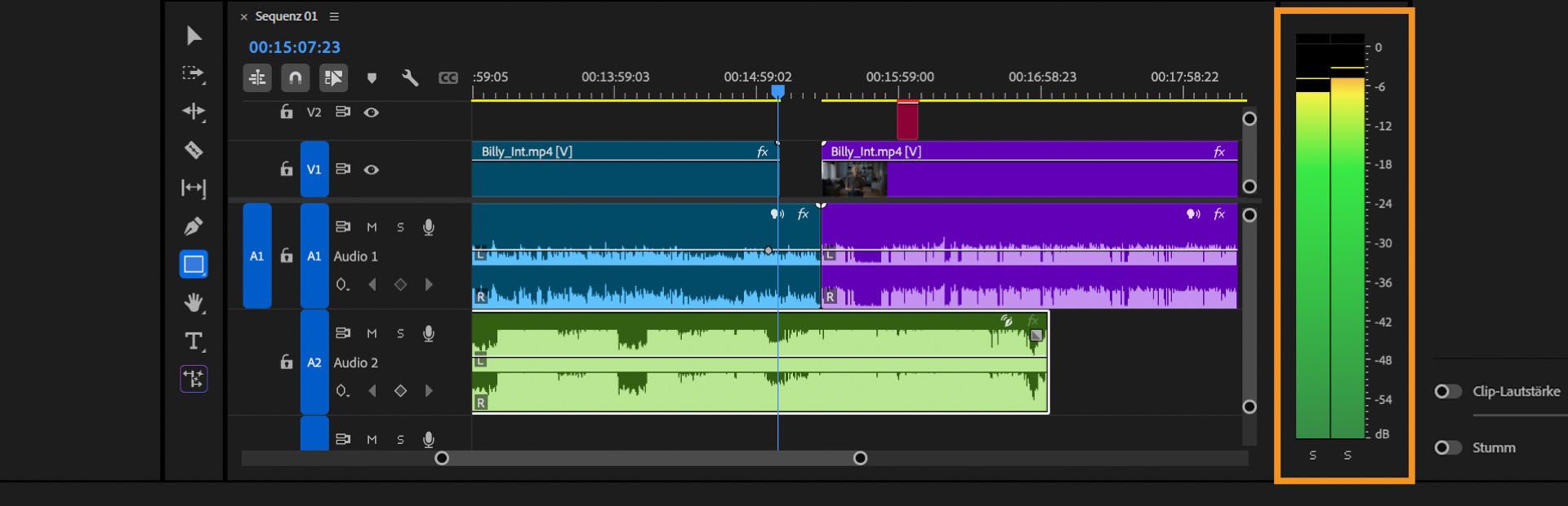 Bedienfeld „Audiometer“, das während der Wiedergabe in Premiere Pro Live-Audiopegel in Grün anzeigt.