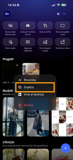 Menu Altre opzioni per un progetto Premiere che mostra l'opzione Duplica.