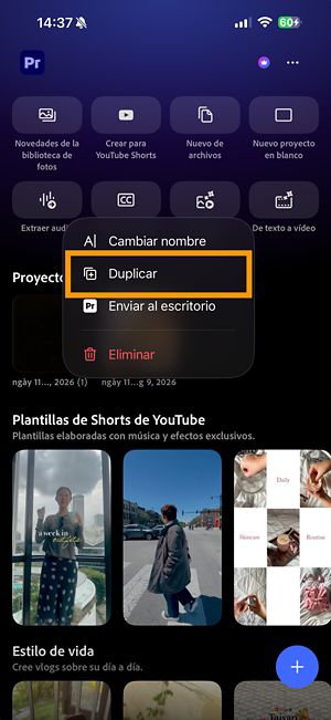 Menú Más opciones de un proyecto de Premiere que muestra la opción Duplicar.