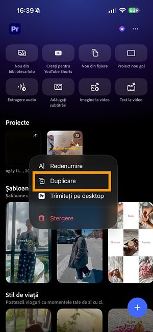 Meniul Mai multe opțiuni pentru un proiect Premiere care afișează opțiunea Duplicare.