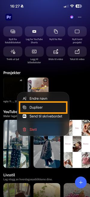 Menyen Flere alternativer for et Premiere-prosjekt som viser alternativet Dupliser.