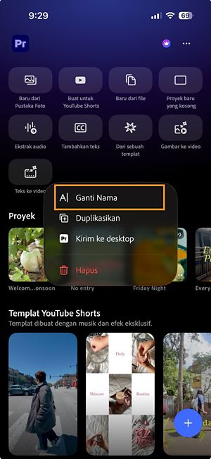 menu More options untuk Proyek Premiere yang menampilkan opsi Rename.