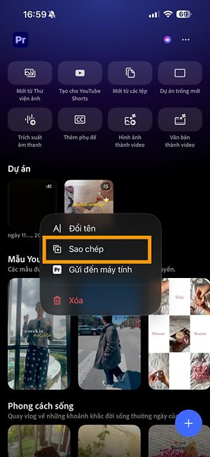 Menu tùy chọn khác cho dự án Premiere hiển thị tùy chọn Sao chép.