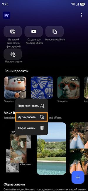 Меню дополнительных параметров для проекта Premiere с опцией дублирования.